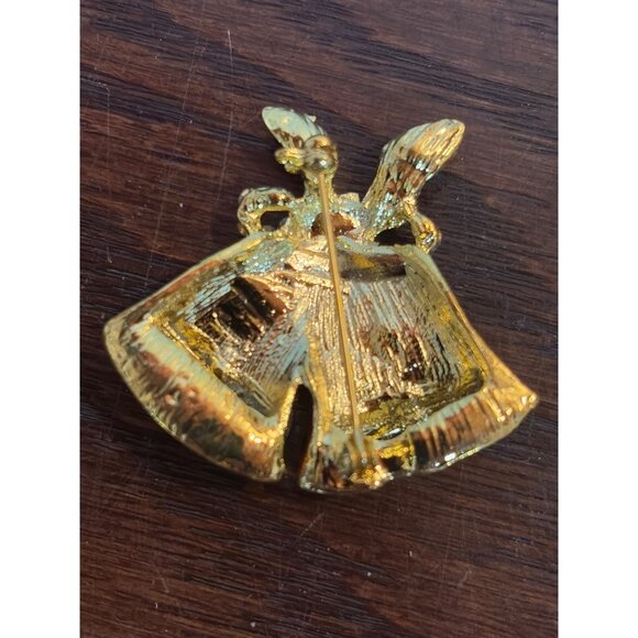 Christmas Bell Brooch Pin Rhinestones Red & Green Holiday Jewelry Gold Tone - Picture 4 of 4